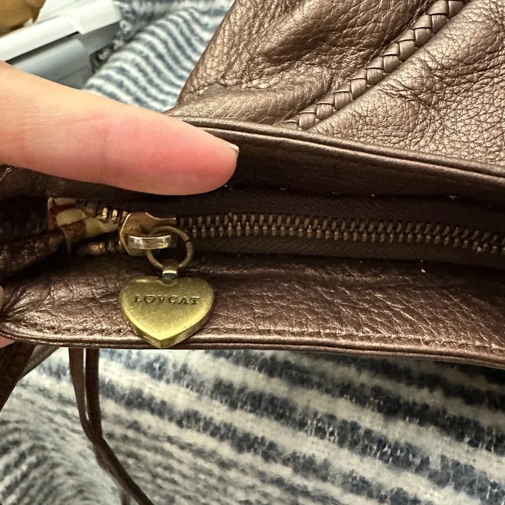 LOVCAT Brown‎ Metallic Leather Zip Hobo Shoulder Bag Fringed Sides